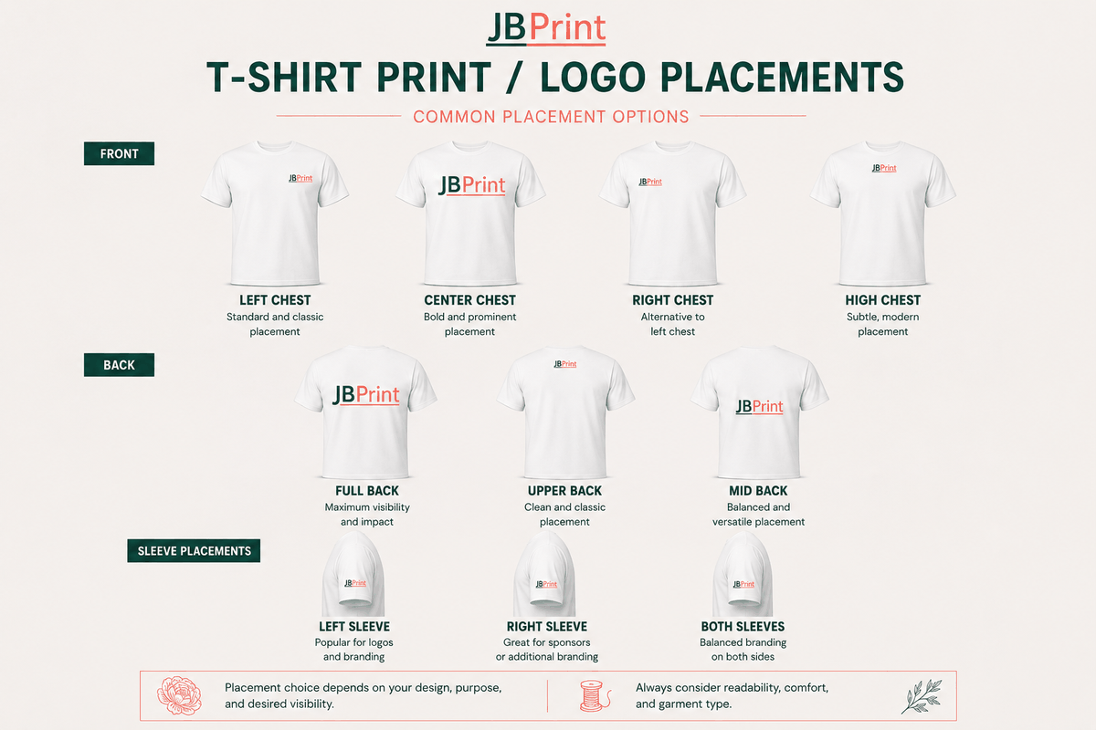 JB Print logo placement guide showing all available print positions on a t-shirt including left chest, centre chest, right chest, full back, upper back and sleeve placements